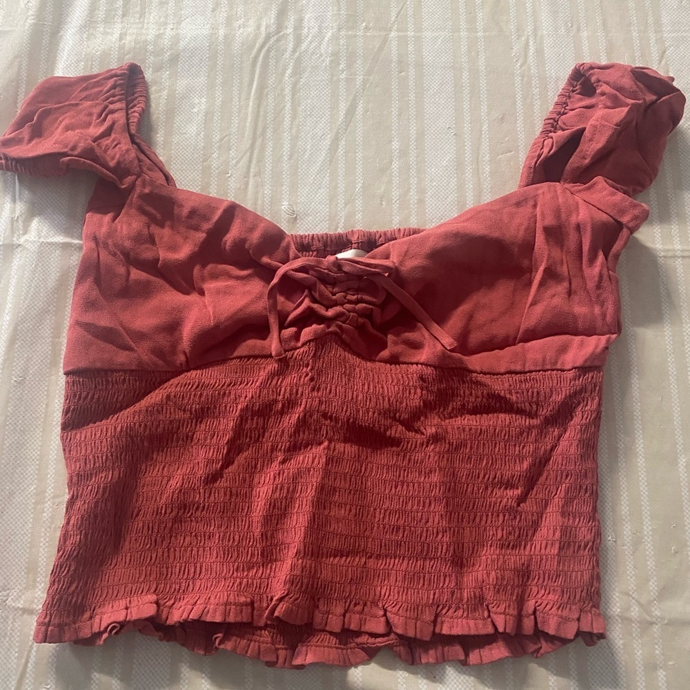 Aritzia Wilfred Wander Smocked puff Sleeve top in a desert coral cropped size L